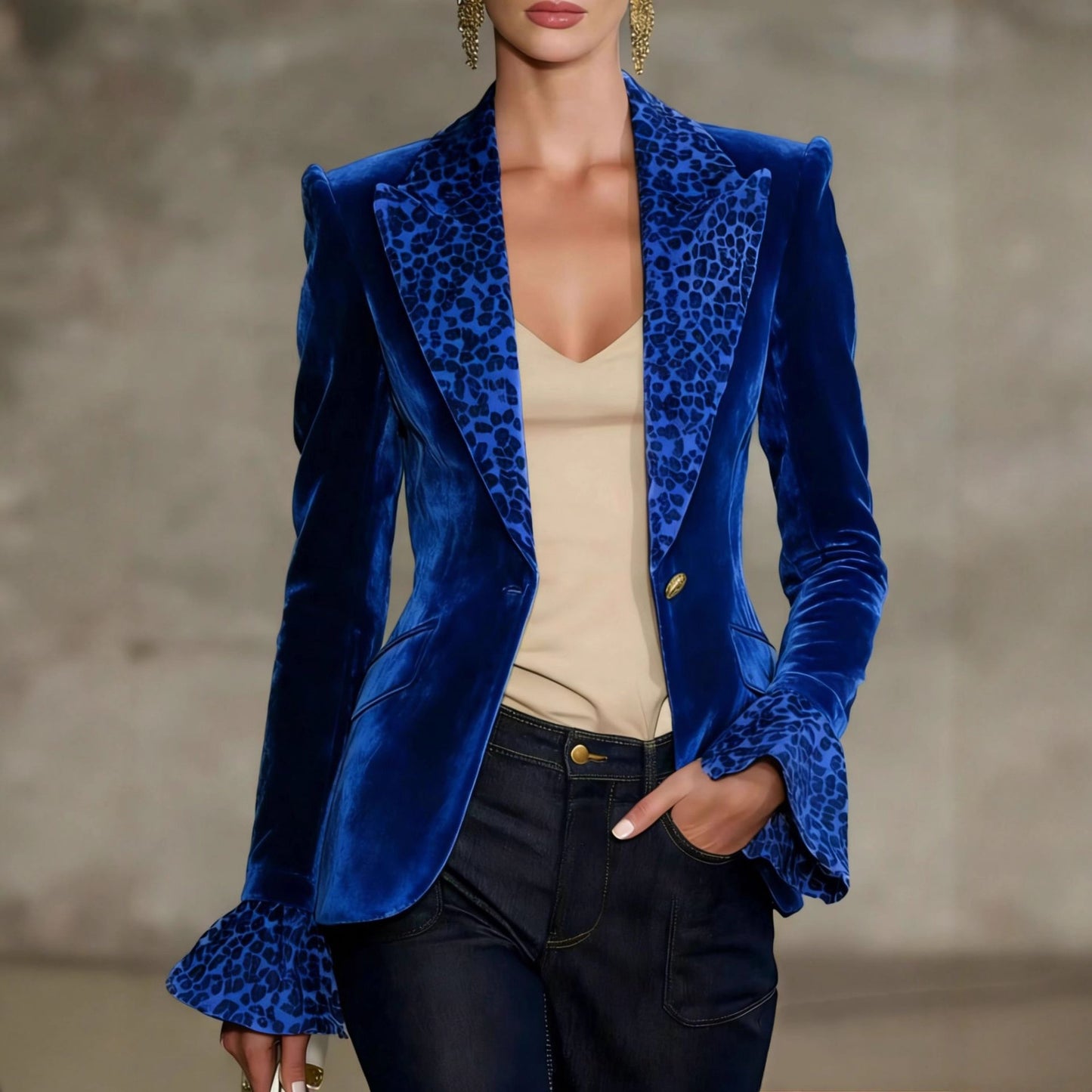 Women's Sweet-and-Cool Color-Block Velvet Blazer With Faux Pockets