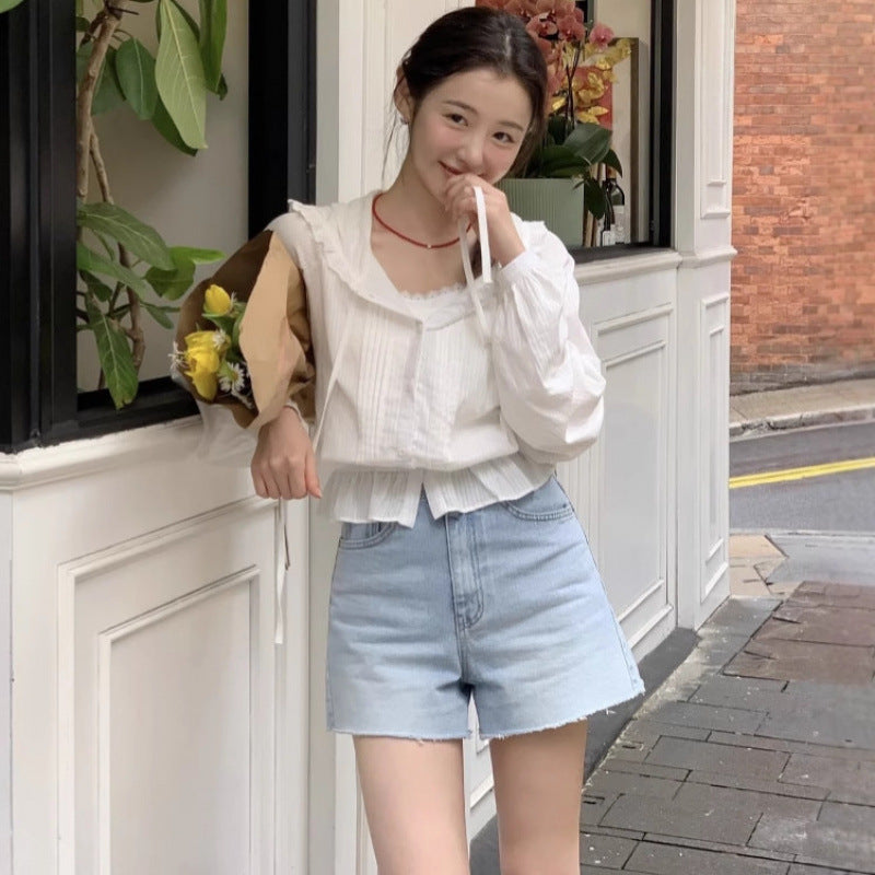 Designer-style Lace Trim Elastic Hooded Shirt For Women