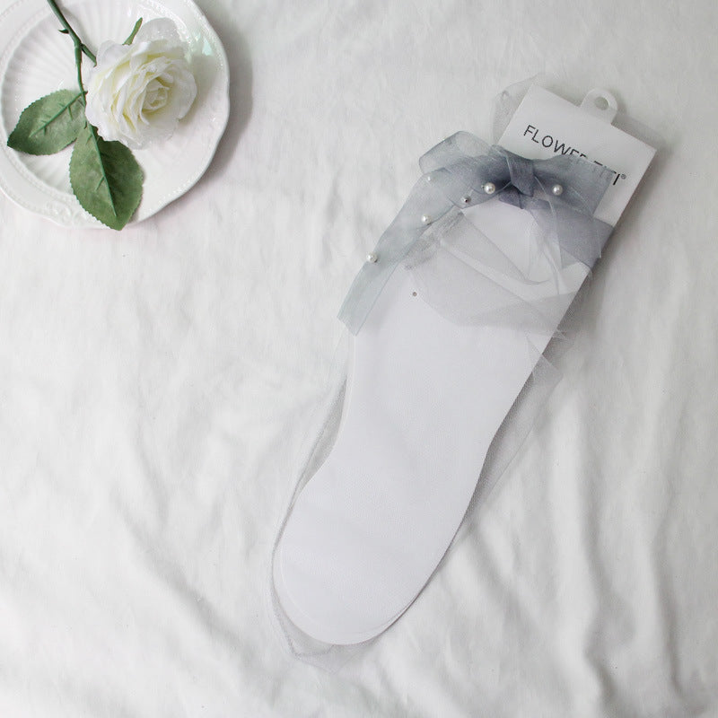 Lace-up Bowknot Pearl-in-tube Transparent Sheer Mesh Socks