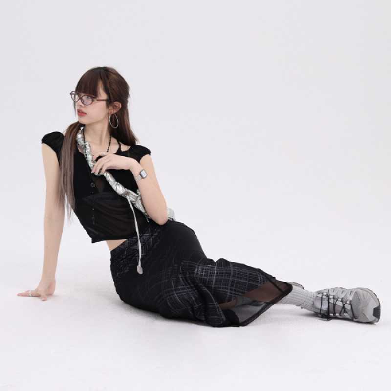 Plaid Stretch Tulle Straight Dress
