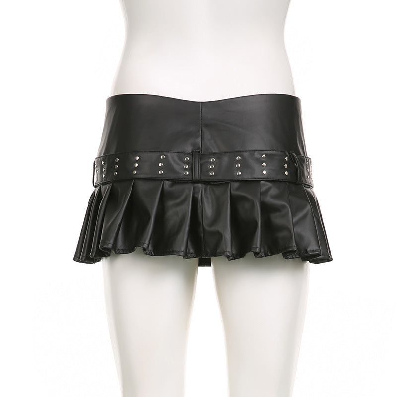 Punk Hot Girl Rivet Belt Split Leather Skirt Low Waist A- Line Style Pleated Skirt