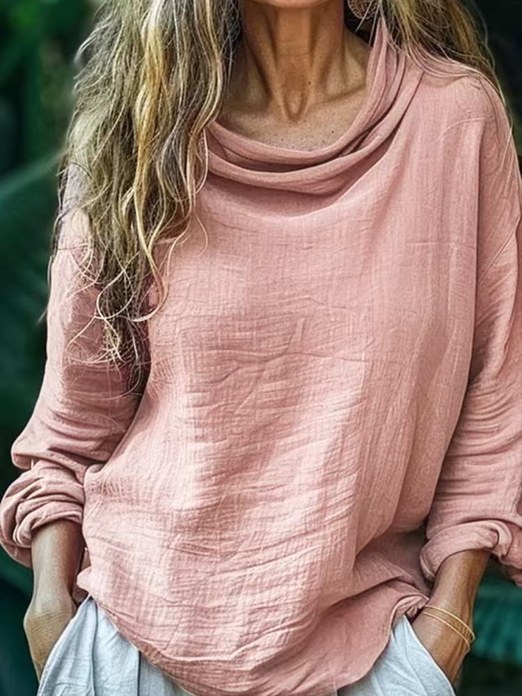 Spring Women's Casual Loose Fashion Long Sleeved Solid Color Pile Collar Pullover Pleated Top