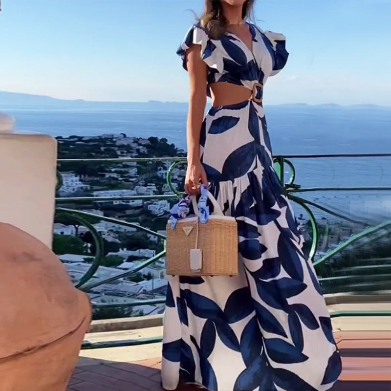 V-neck Ruffle Sleeve Waist Hollow Out Long Dress