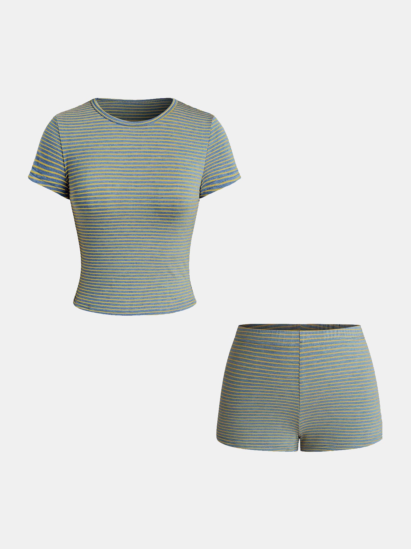 Striped Off-shoulder Short-sleeve Top And Shorts Set