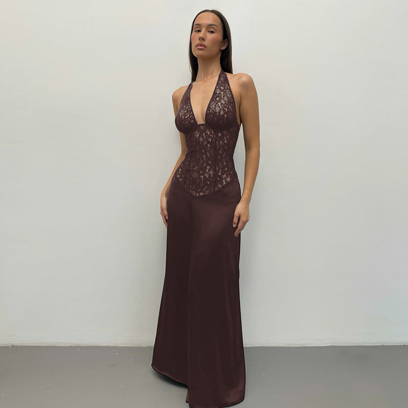 Womens Fashion Hollowed-Out Backless Lace Dress