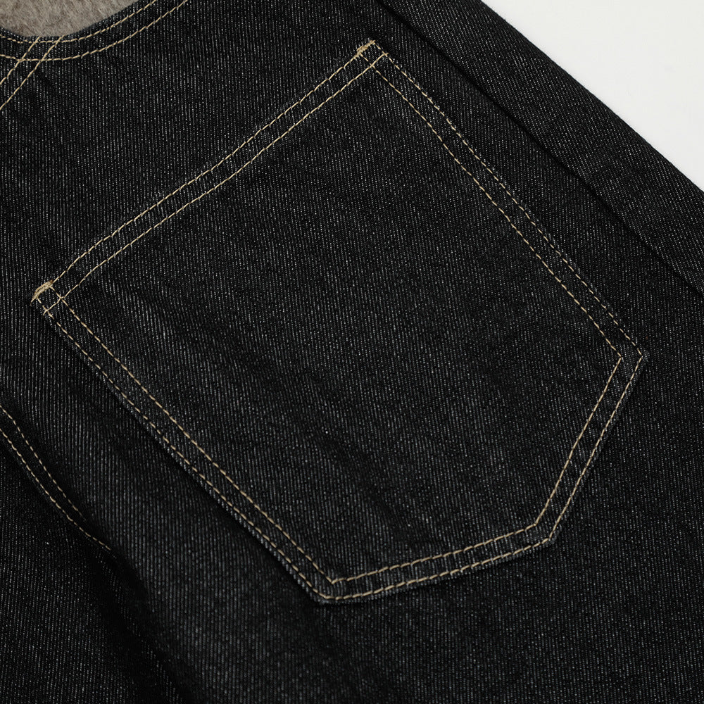 High Street Design Washed Straight Wide Leg Plush Stitching Multi-pocket Jeans