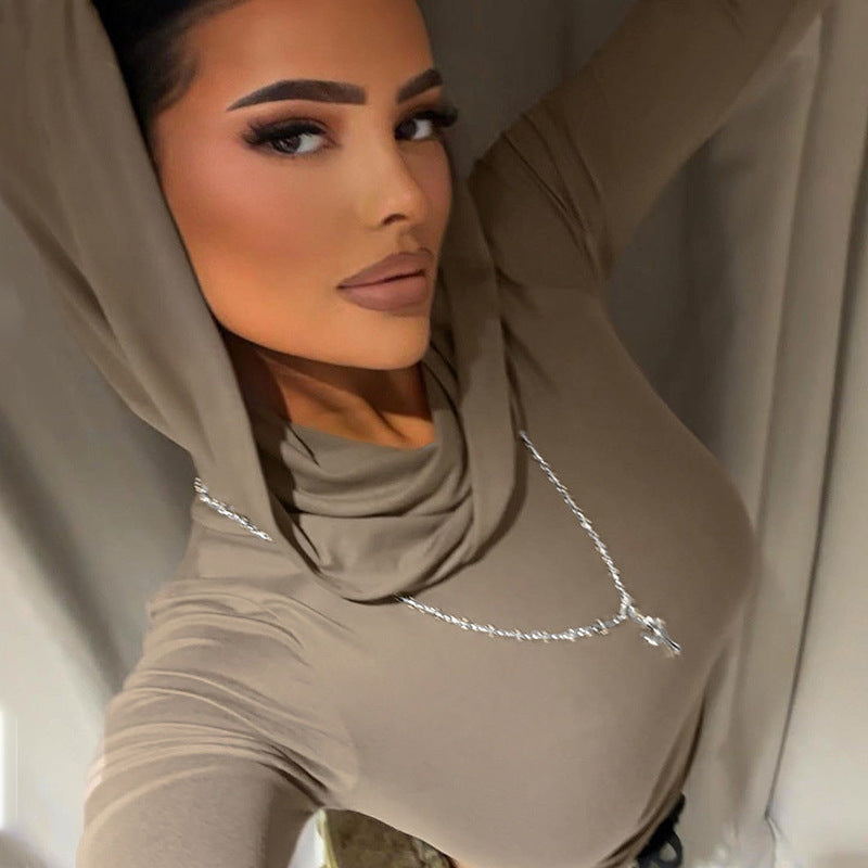 Solid Color Swing Collar Off-shoulder Hooded Top