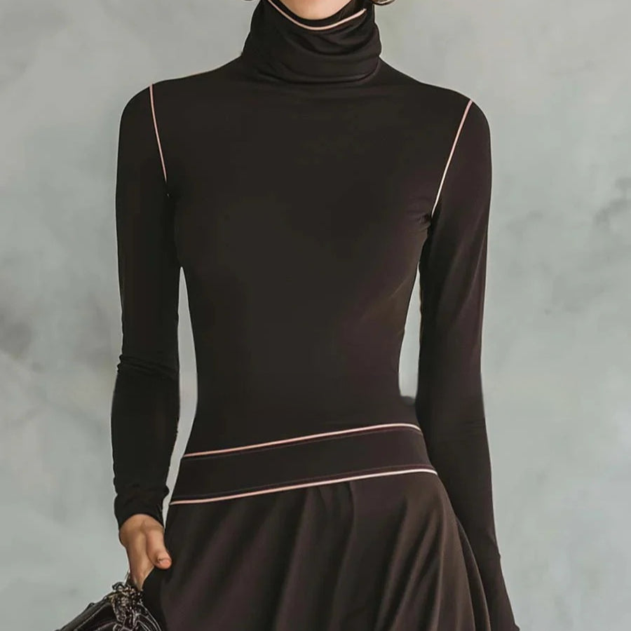 Womens French-style Elegant High-neck Long-sleeve Dress