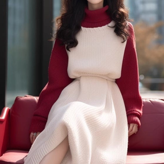 Temperament New Year Red Patchwork Dress Women Autumn Winter