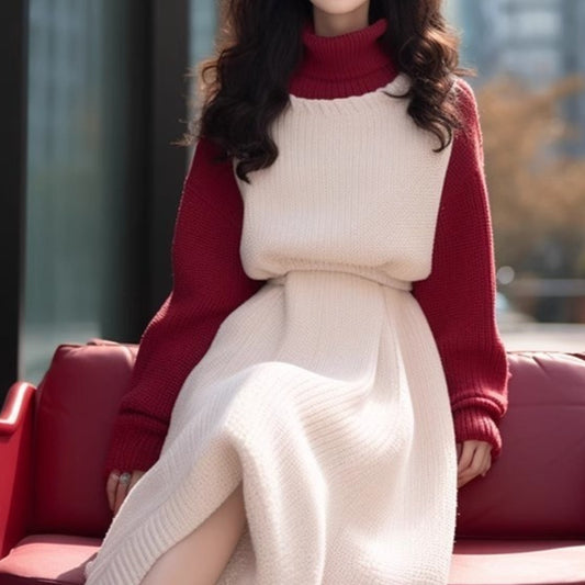 Temperament New Year Red Patchwork Dress Women Autumn Winter