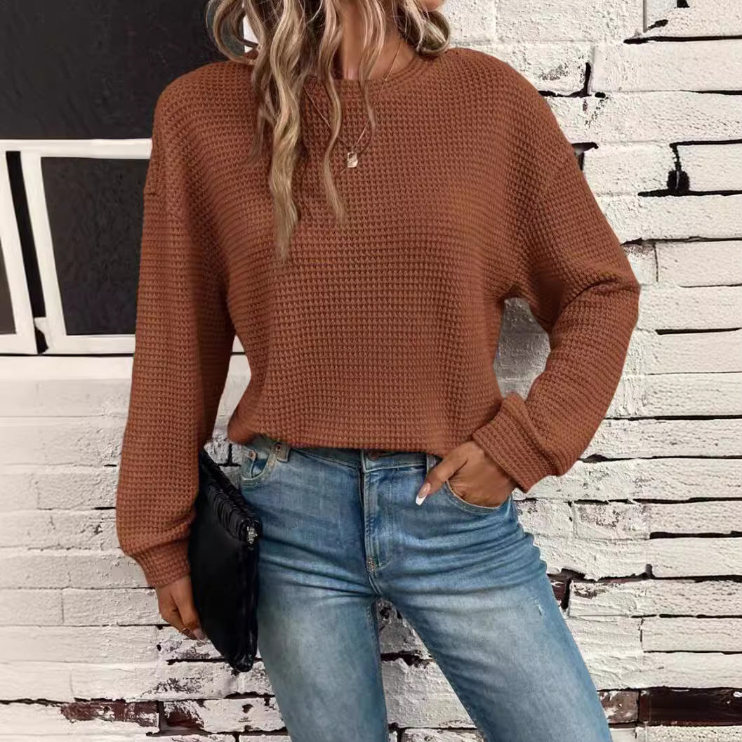 Dame Strikket Rundhals Langærmet Løs Pullover Top