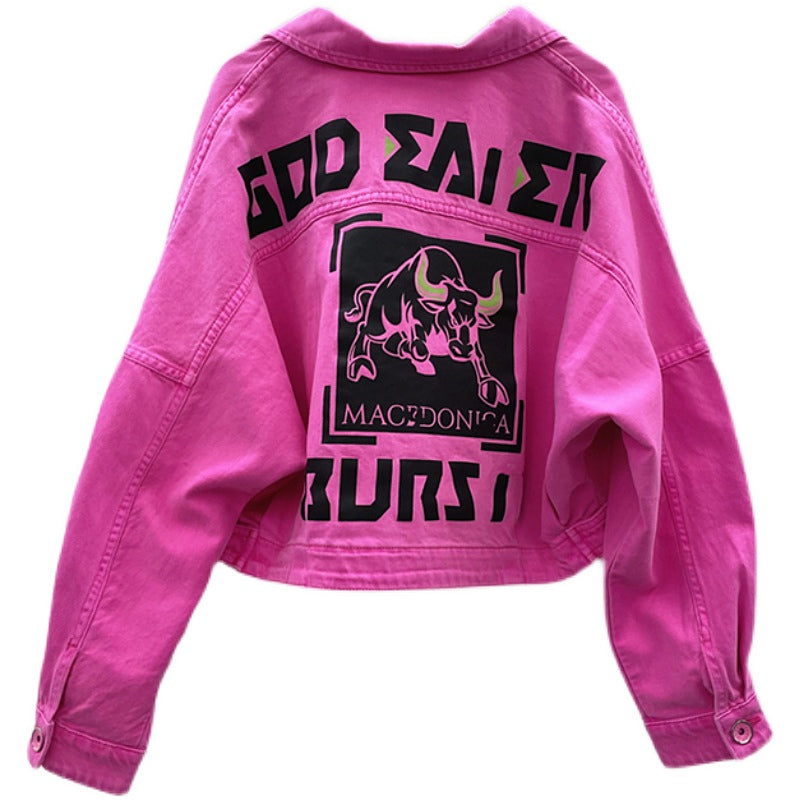 Printed Rose Red Denim Short Jacket Women Spring And Autumn