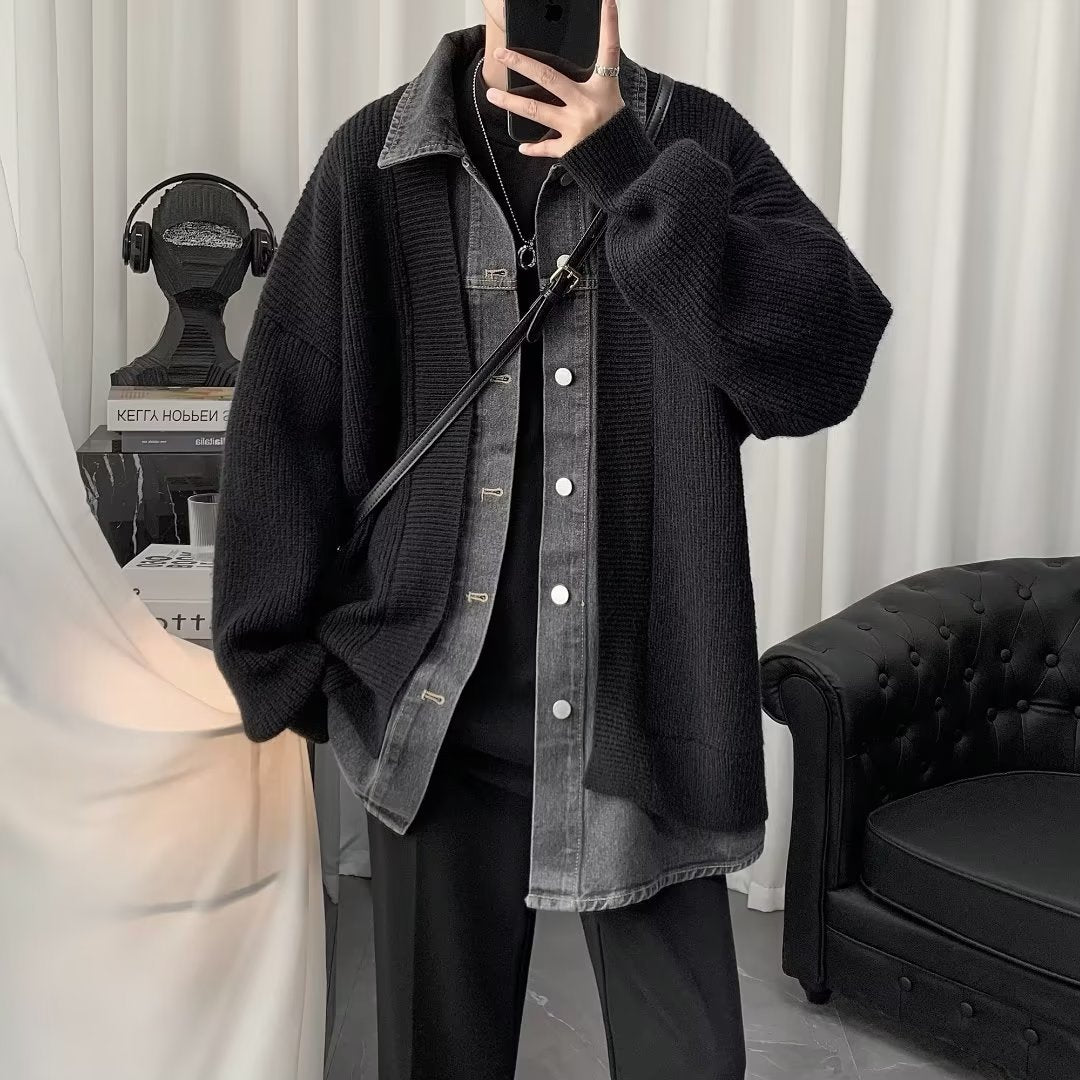 Men's Knitted Cardigan Coat Fake Two-piece Color Matching