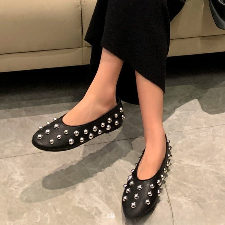 Black Studded Leather Ballet-style Flat Casual Shoes