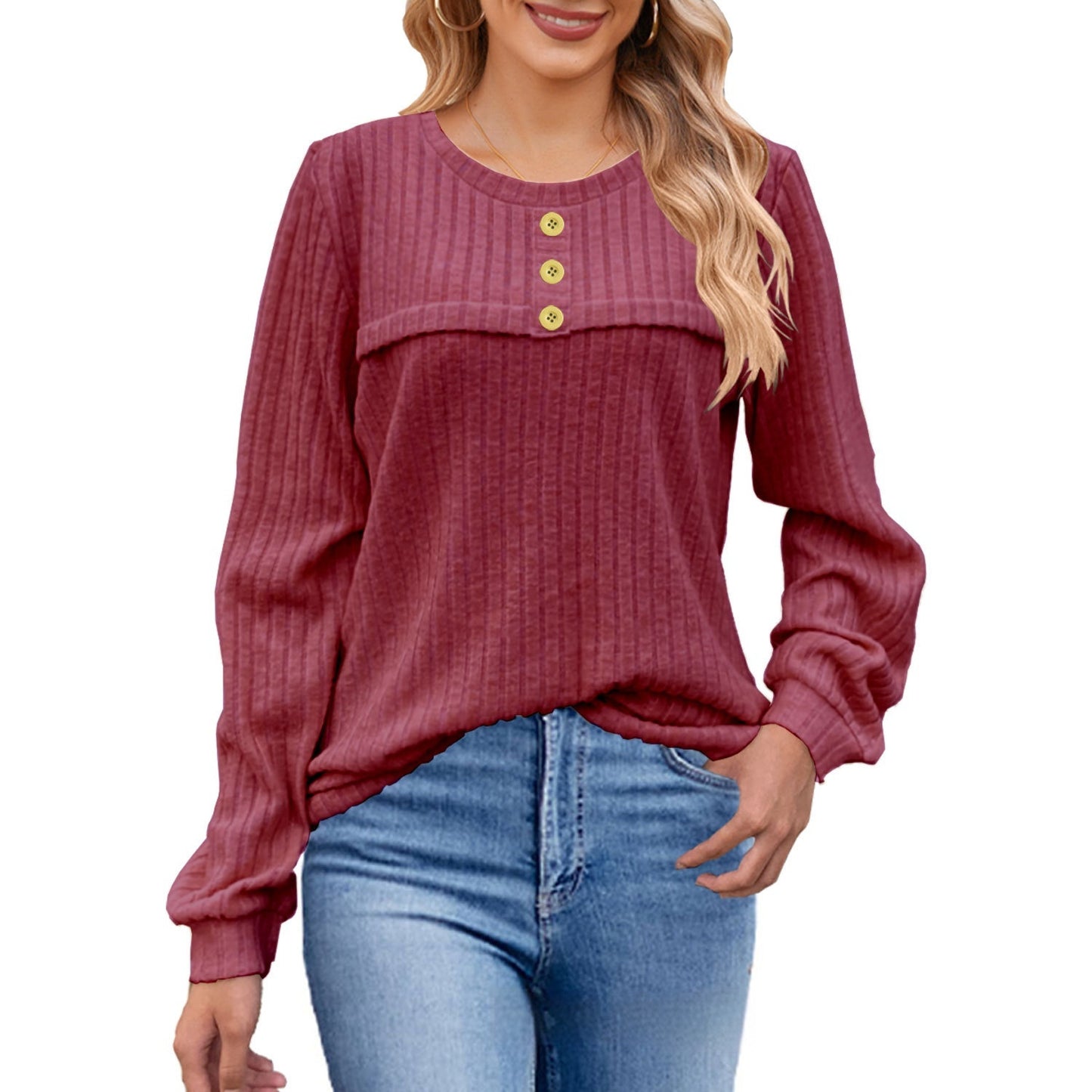 European And American Autumn And Winter Brushed Sunken Stripe Button Long-sleeved T-shirt Casual