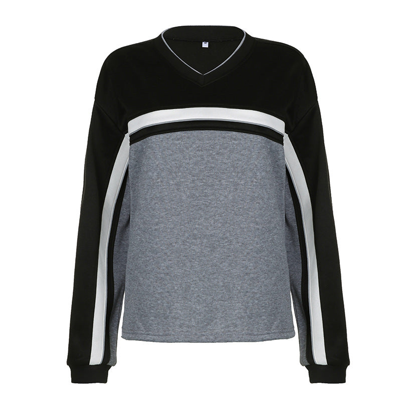 Women's Contrast Color Striped Stitching Small V-neck Design Loose-fitting Casual Pullover Female