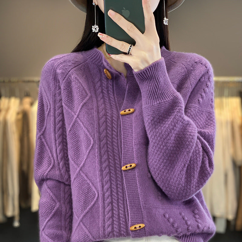 Pure Wool Cardigan Women Loose Crew Neck Coat