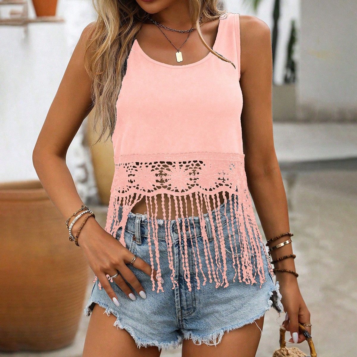 Womens Tassel Hollow-Out Mesh Beach Tank Top