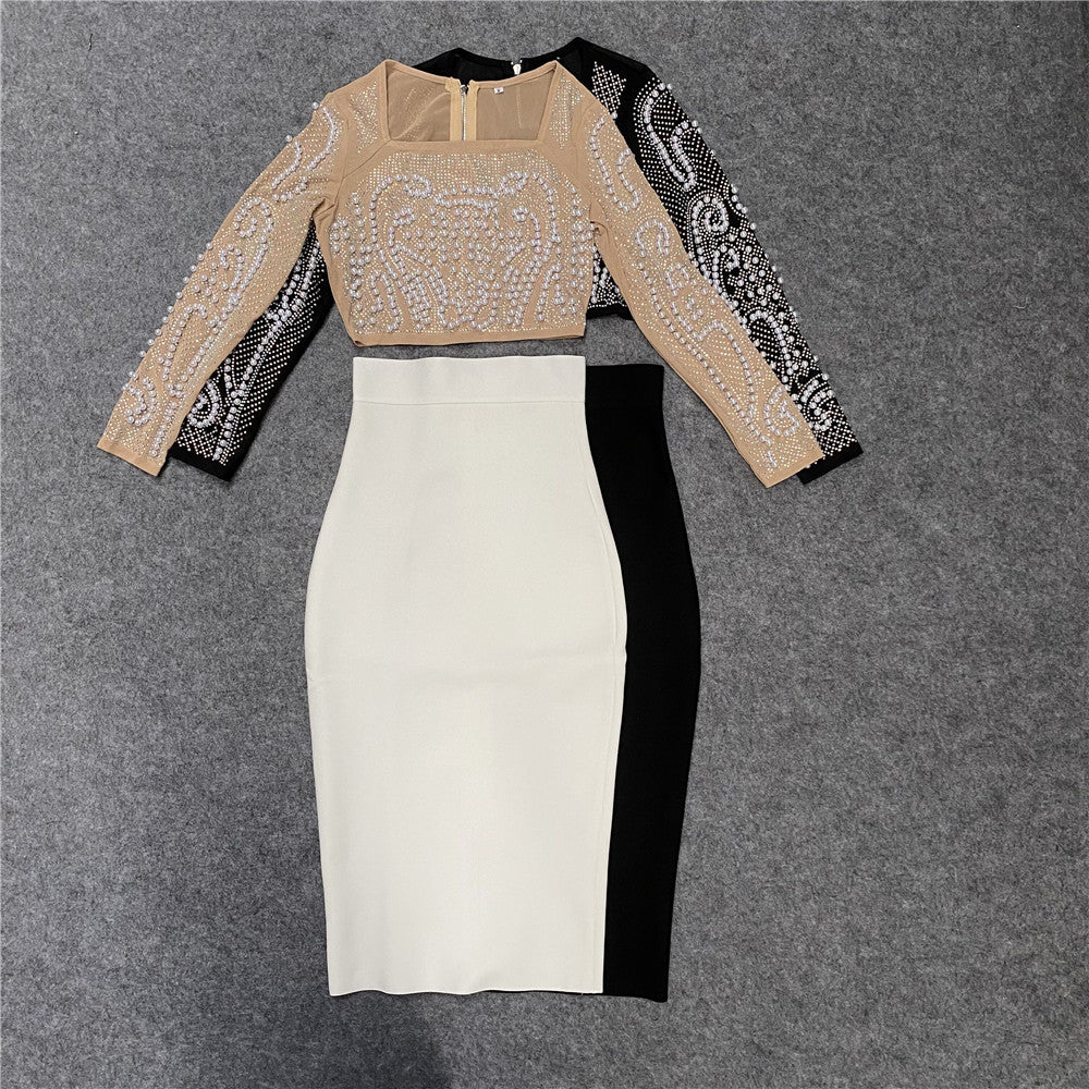 Beaded Studded Long Sleeve T-Shirt Midi Skirt Two Piece