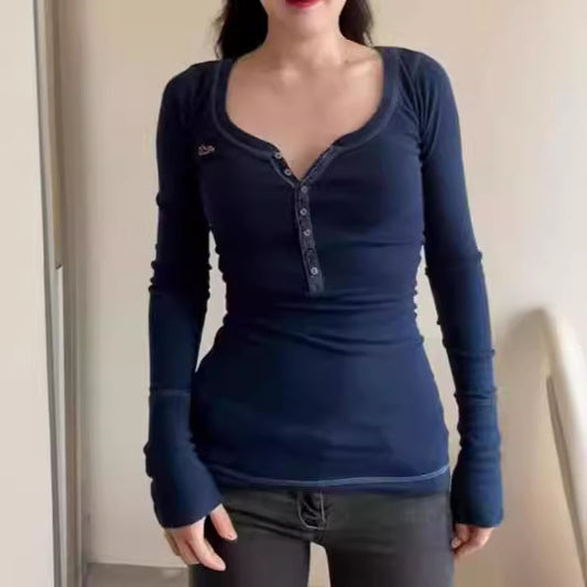 Simple Solid Color Rib Fabric Tight Long Sleeve Bottoming Shirt