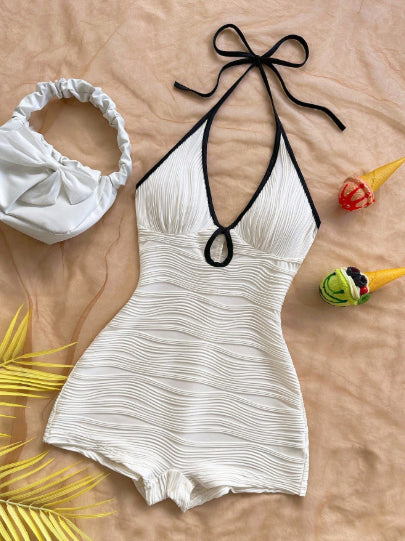 Slimming Halter Jumpsuit Bikini In Solid Color Body-Flattering Tummy-Hiding Waist-Slimming And Sun-Protective