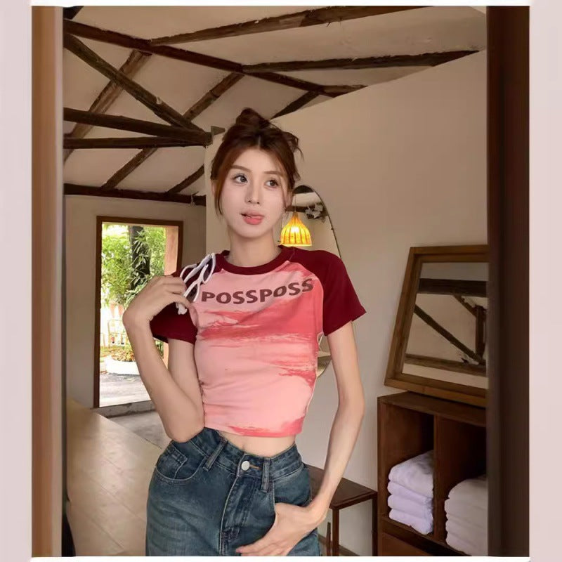Contrast Color Round Neck Short Raglan Short Sleeve