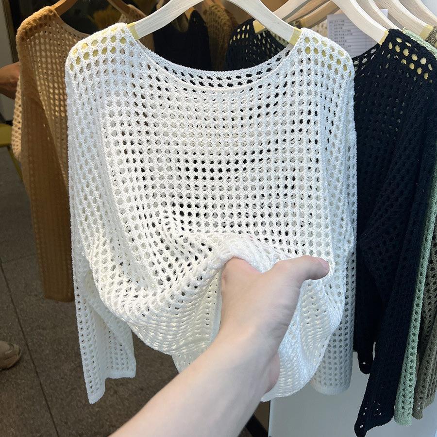 Sexy Pure Want To Wear Round Neck Long Sleeve Hollow Knitted Mesh Shirt