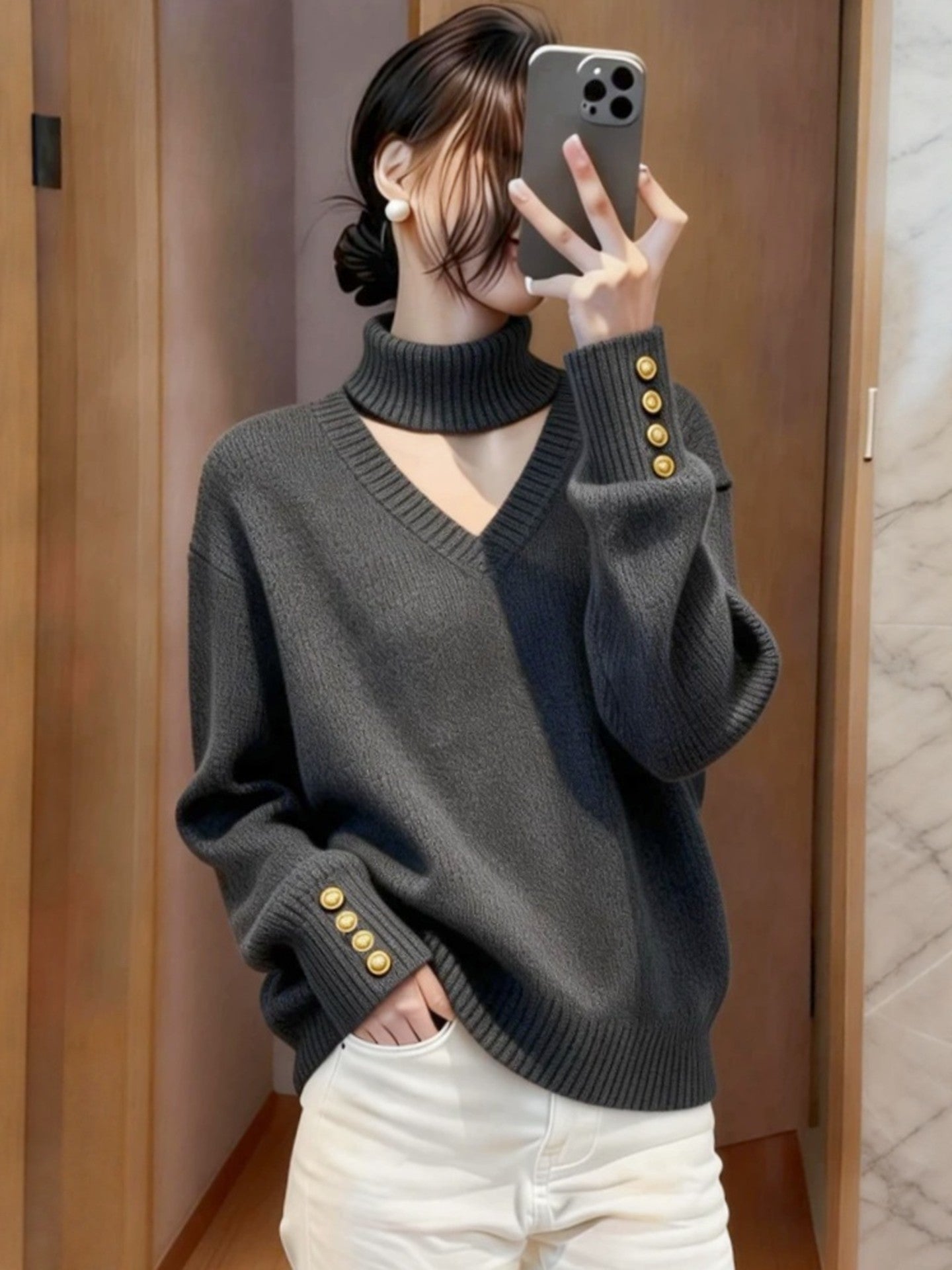 Necklace-style V-neck Knit Sweater For Women
