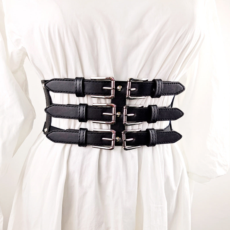 Women's Super Wide Belt Hollow Rivet Decorated Elastic Waist