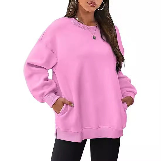Rundhalset pullover til kvinder – Oversized løs sweatshirt i velour med lange ærmer
