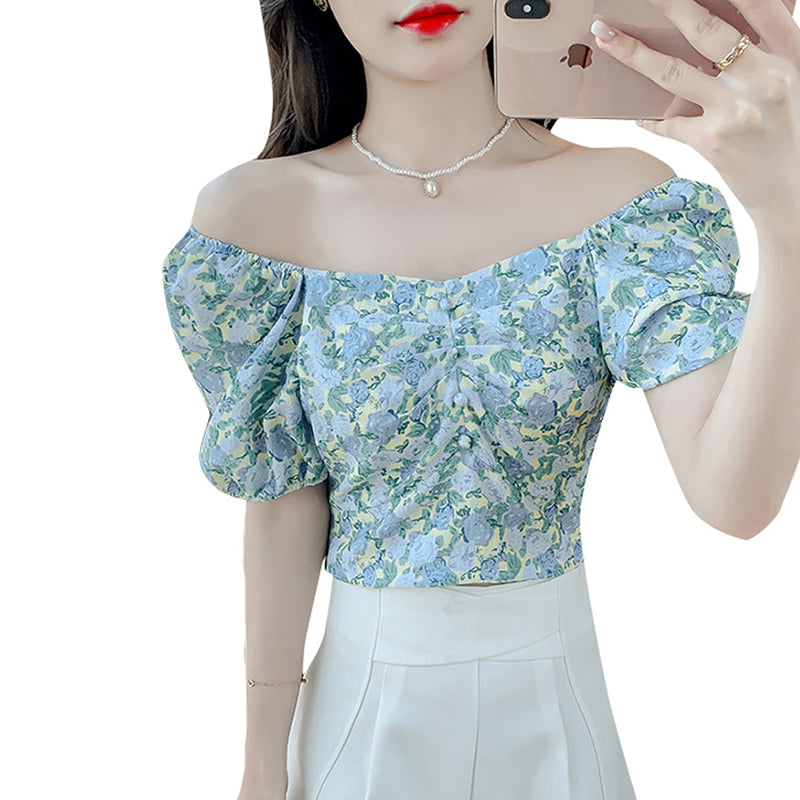 French Floral Short-sleeved Shirt Women's Sweet Puff Sleeves