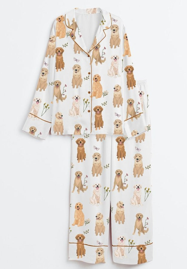 Fashionable Long-sleeve Printed Lapel Loungewear Pajamas