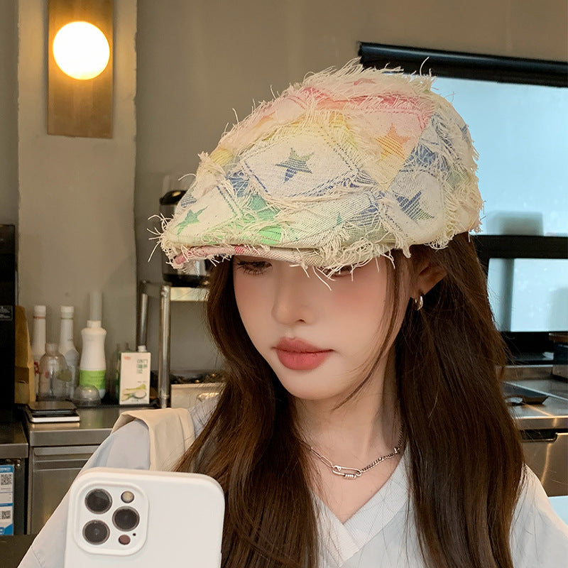 Colorful Plaid Five-pointed Star Advance Hats Women's Korean-style Anti-wear Distressed Edging Beret