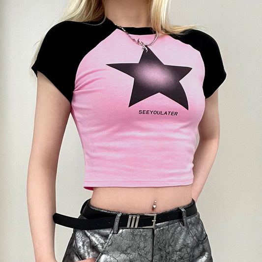Contrast Raglan Sleeve Gradient Star Print American Sporty Casual Short Sleeve