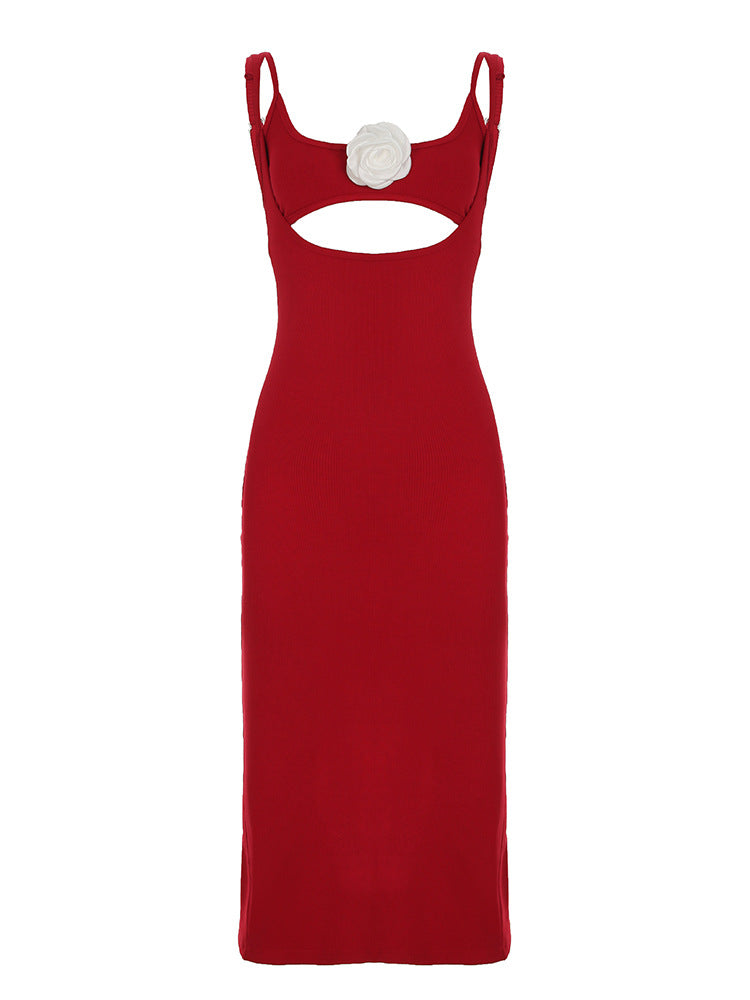 Womens French Elegant Retro Red Two  Piece Look 3D Floral Dress