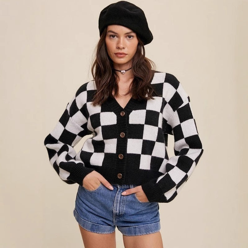 Women's Single-breasted Plaid Commuter Chanel Style Long Sleeve Sweater