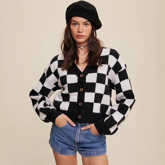 Women's Single-breasted Plaid Commuter Chanel Style Long Sleeve Sweater
