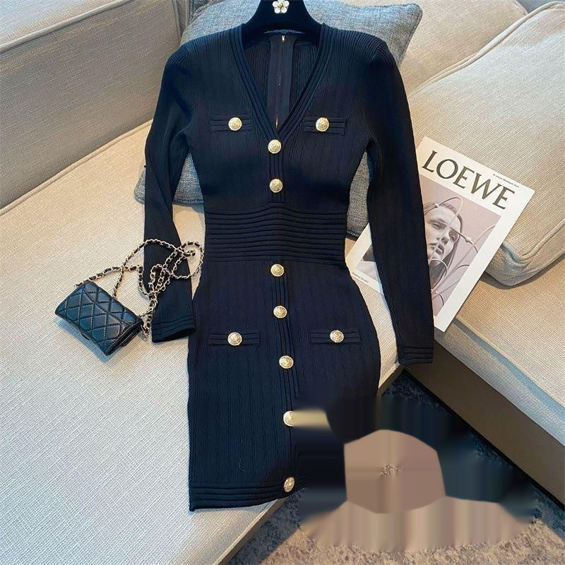 Female Solid Color Loose Fit Vneck Zipup Knit Dress