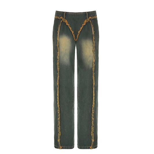 Retro Burr Design Sense Niche Straight Wide Leg Low Waist Jeans