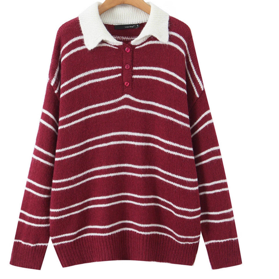 American Retro Preppy-Style Color-Block Striped Lapel Knit Sweater