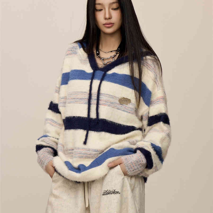 Idle Style Striped Hooded Sweater For Women