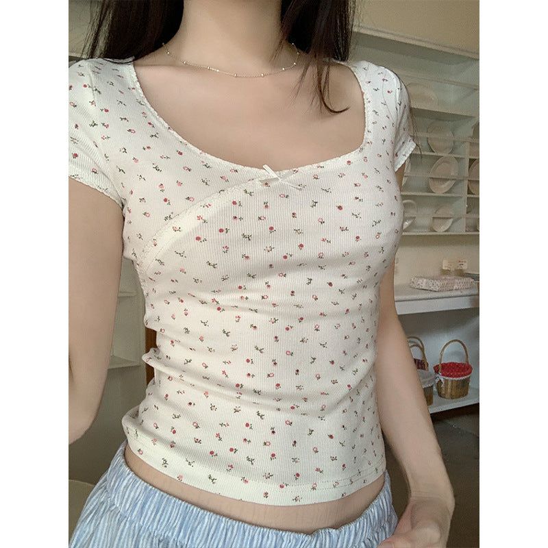 Bow Short-sleeved T-shirt Scoop Short Desire Style T-shirt