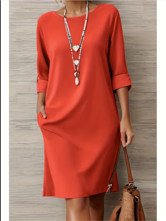 Versatile Solid-color Mid-sleeve Dress With Side Pockets