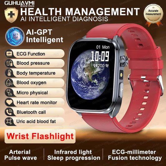 2025 New ECG+PPG AI Healthy Diagnose Smart Watch Men Blood Lipid Uric Acid BT Call Flashlight Blood Pressure Health Smartwatch