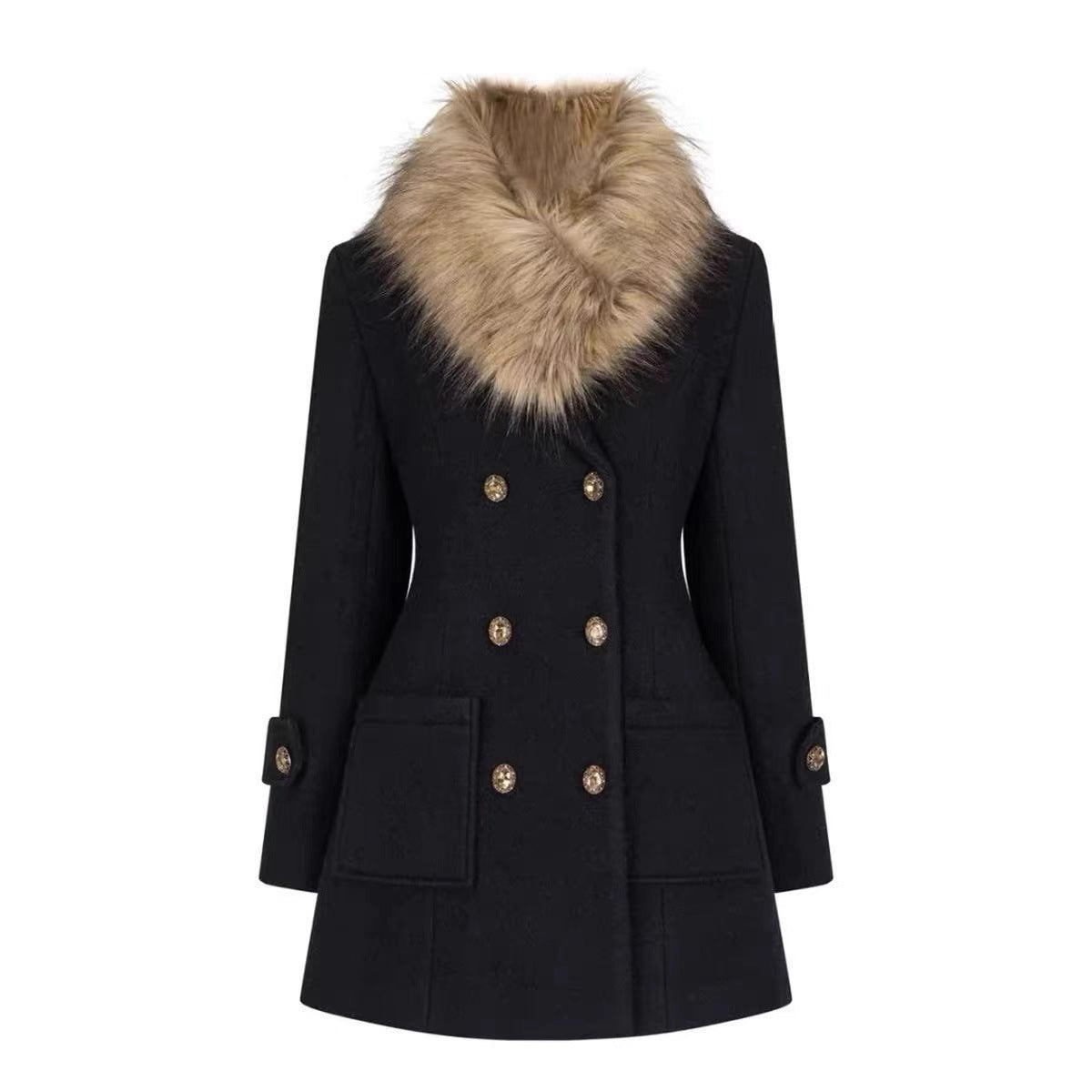 Black Vintage Coat With A Large Fur Collar