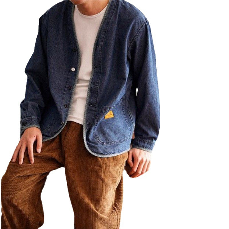 Retro V-neck Denim Men's Fashion Slim Jacket