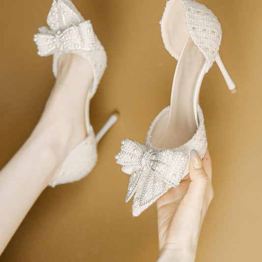 Åndbar Side Tom Sløjfe Niche Med Skørt Rhinestone Hule Pumps