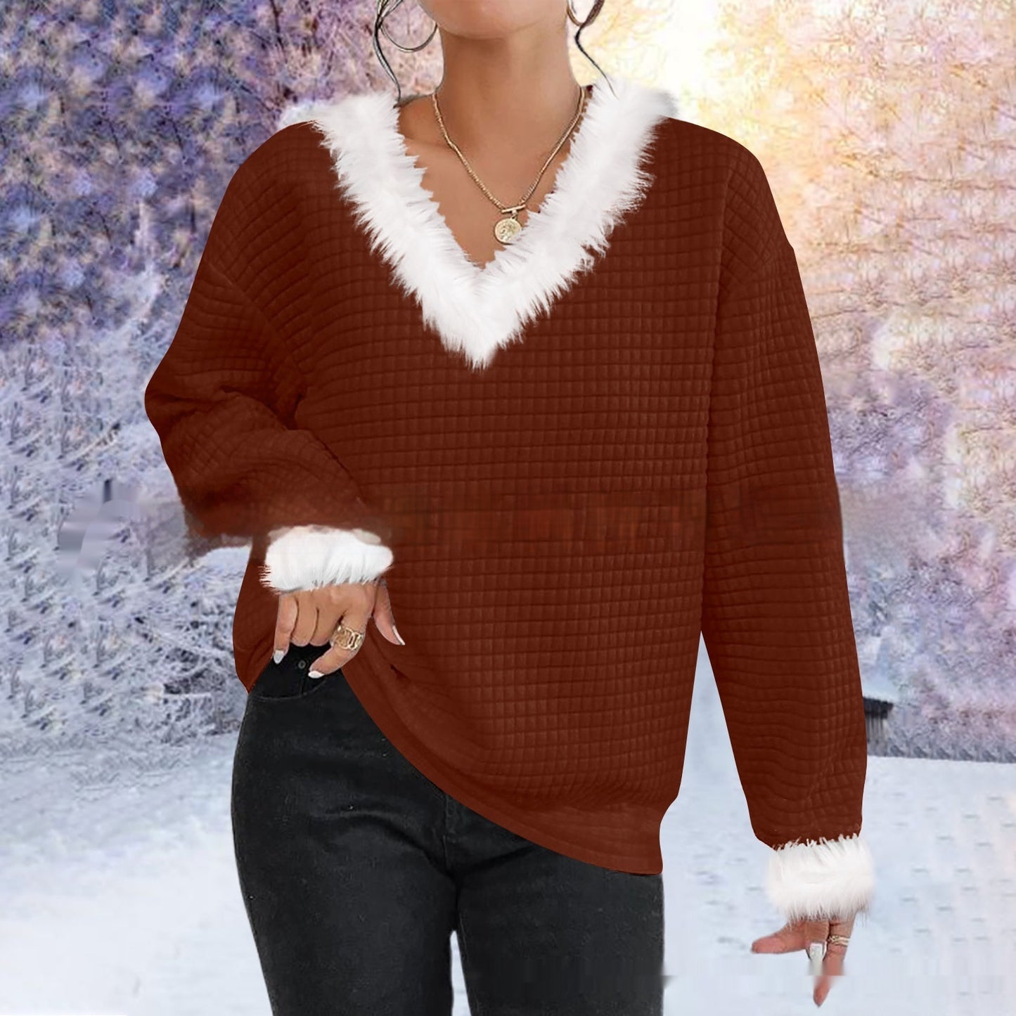 Autumn And Winter New Furry V-neck Solid Color Long Sleeve Sweater Top Women