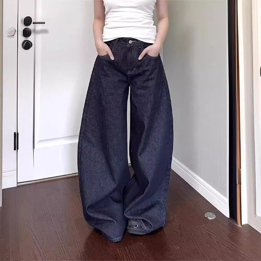 Amerikansk High Street Vibe Mørkeblå Jeans Vasket Løs Høj Talje Lige Gulvlange Bukser