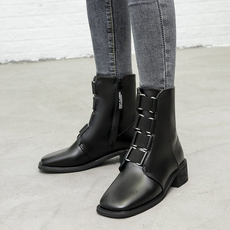 New Square Toe Thick Heel Side Zipper Short Boots